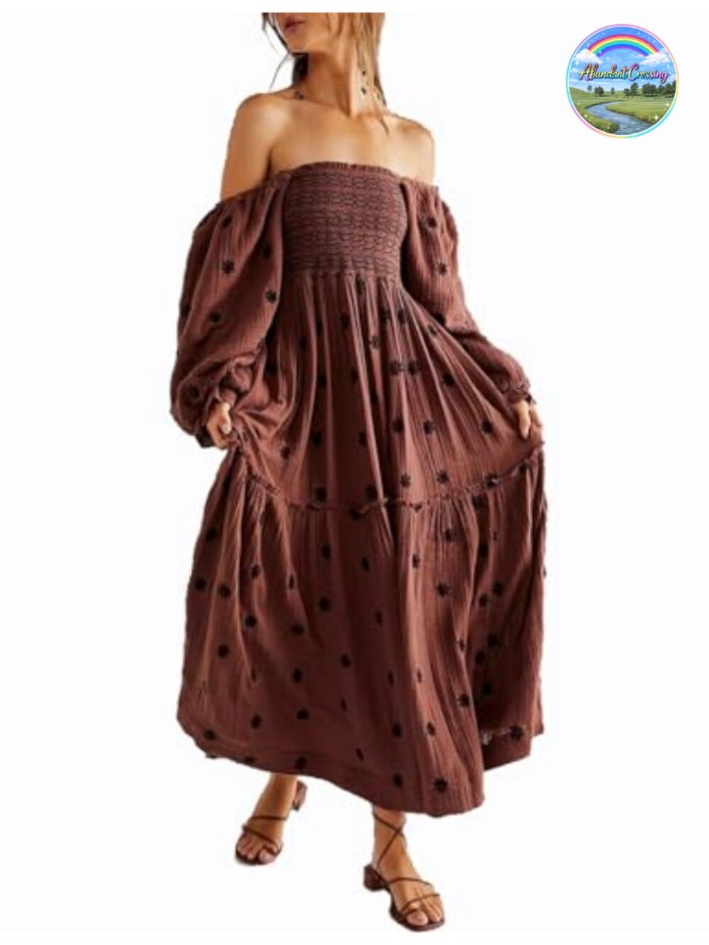 Bohemian Floral Embroidered Maxi Dress Square Neck Lantern Sleeve Flowy High
